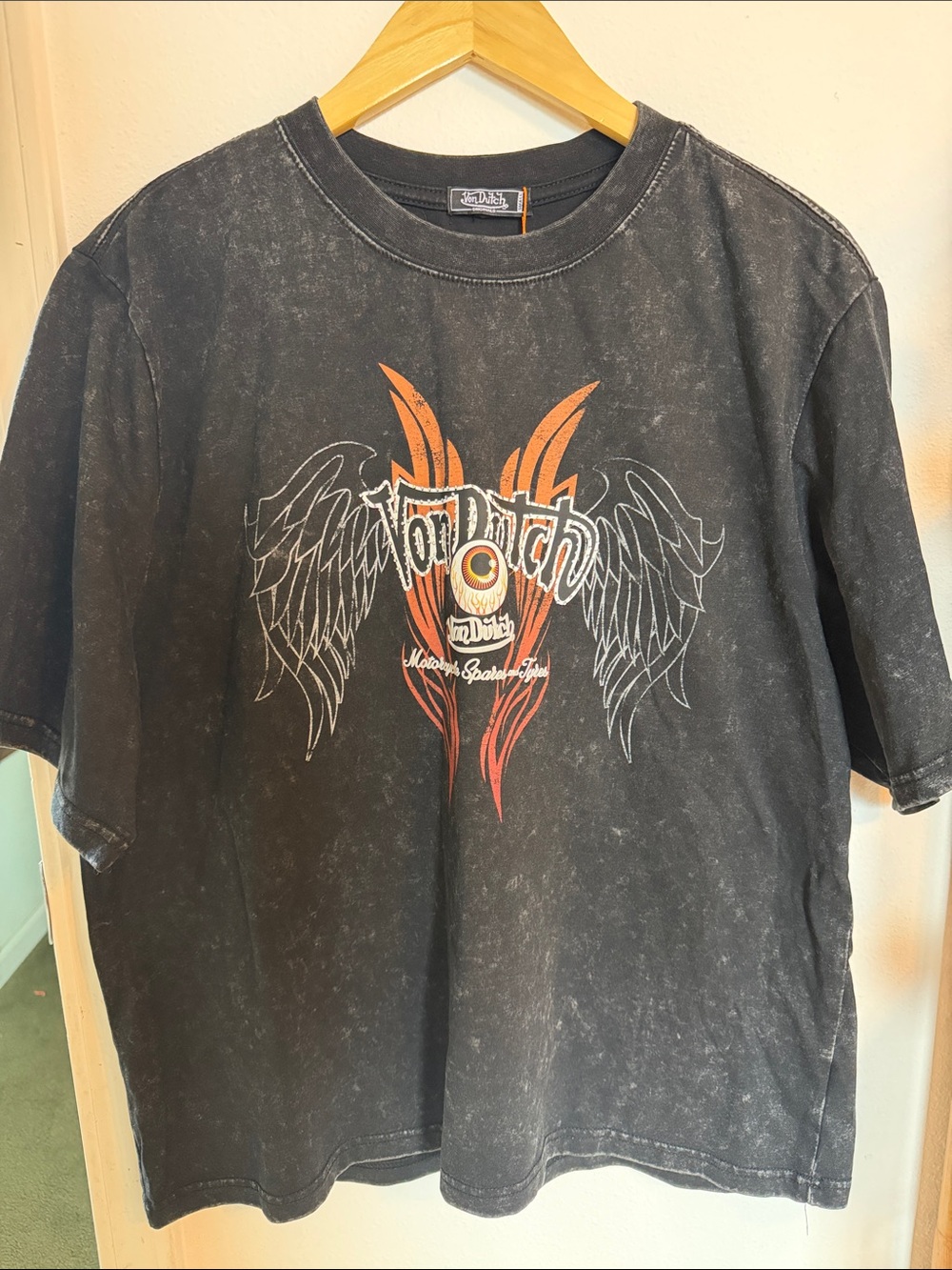 Von Dutch Black Tee with Orange and White Wing Graphic